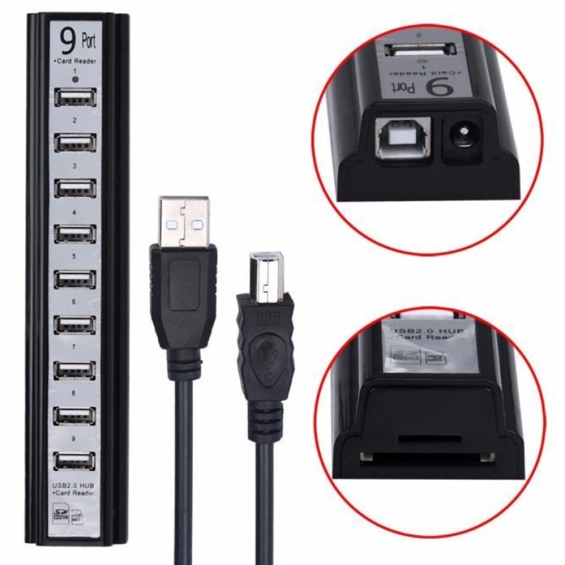 2 in 1 High Speed 9 Port USB 2.0 Power HUB with SD Card Reader BK - intl