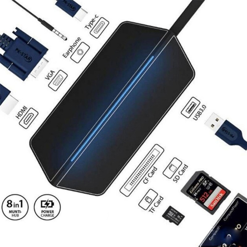 Type-C Hub 8 in 1 USB C Hub adapter with 1*HDMI 1*VGA 1*3.5mmHeadset connector USB 3.0 SD/TF/CF Card slots and a Charging port - intl