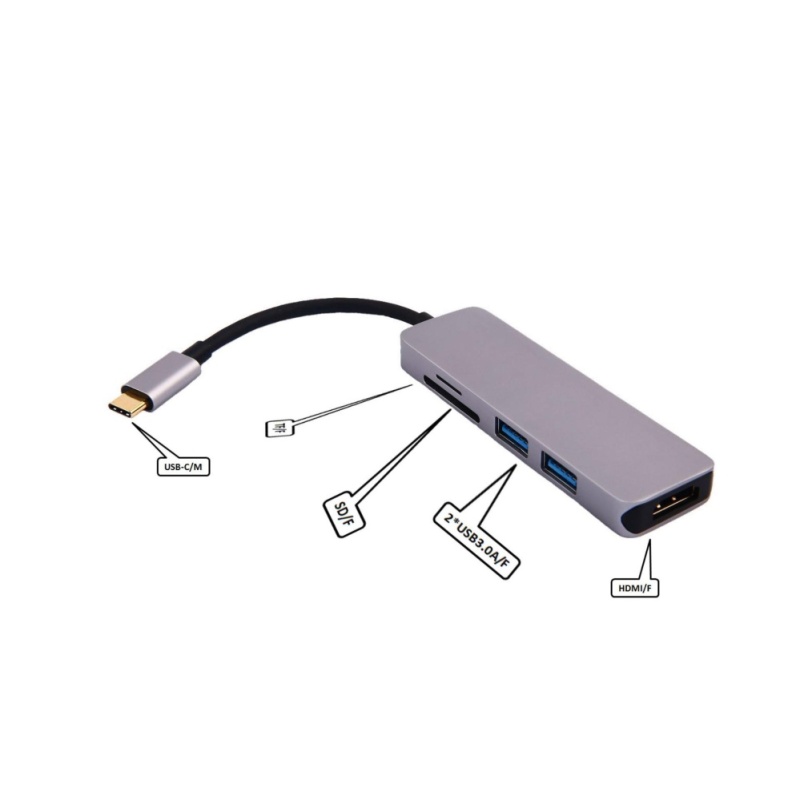 USB-C Type-C to HDMI + 2×USB3.0 + SD3.0 + TF Adapter,Aluminum USB-C Hub Thunderbolt 3, 4k HDMI, SD/TF Card Reader and 2 USB 3.0 Ports, Applied to New MacBook, ChromeBook and Matebook etc. - intl