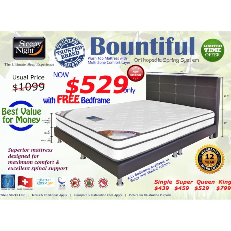 Sleepy Night Bountiful Mattress with Free Bedframe, Single (Beige)