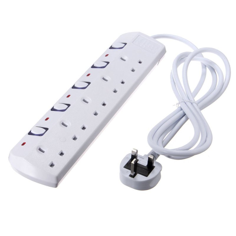 UK 5 Socket Gang Way Plug Electric Power Mains Extension Lead Cable Adaptor 2M (White)