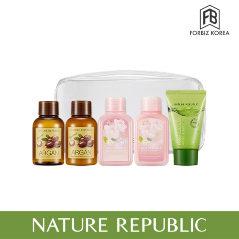 Buy Nature Republic Travel All-in-One Kit (Argan Essential shampoo 50ml + Conditioner 50ml + Love Me Bubble Bath and Shower Gel 50ml + Body Lotion 50ml + Jeju Sparkling Form Cleanser 30ml) Singapore