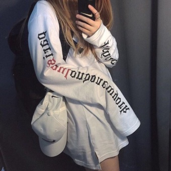 Beishihan Women's Loose Letter Long Sleeve Mid Length T-Shirt - White - Black (White) June 2018 - 2 Beishihan Women's Loose Letter Long Sleeve Mid Length T-Shirt - White - Black (White) - 2